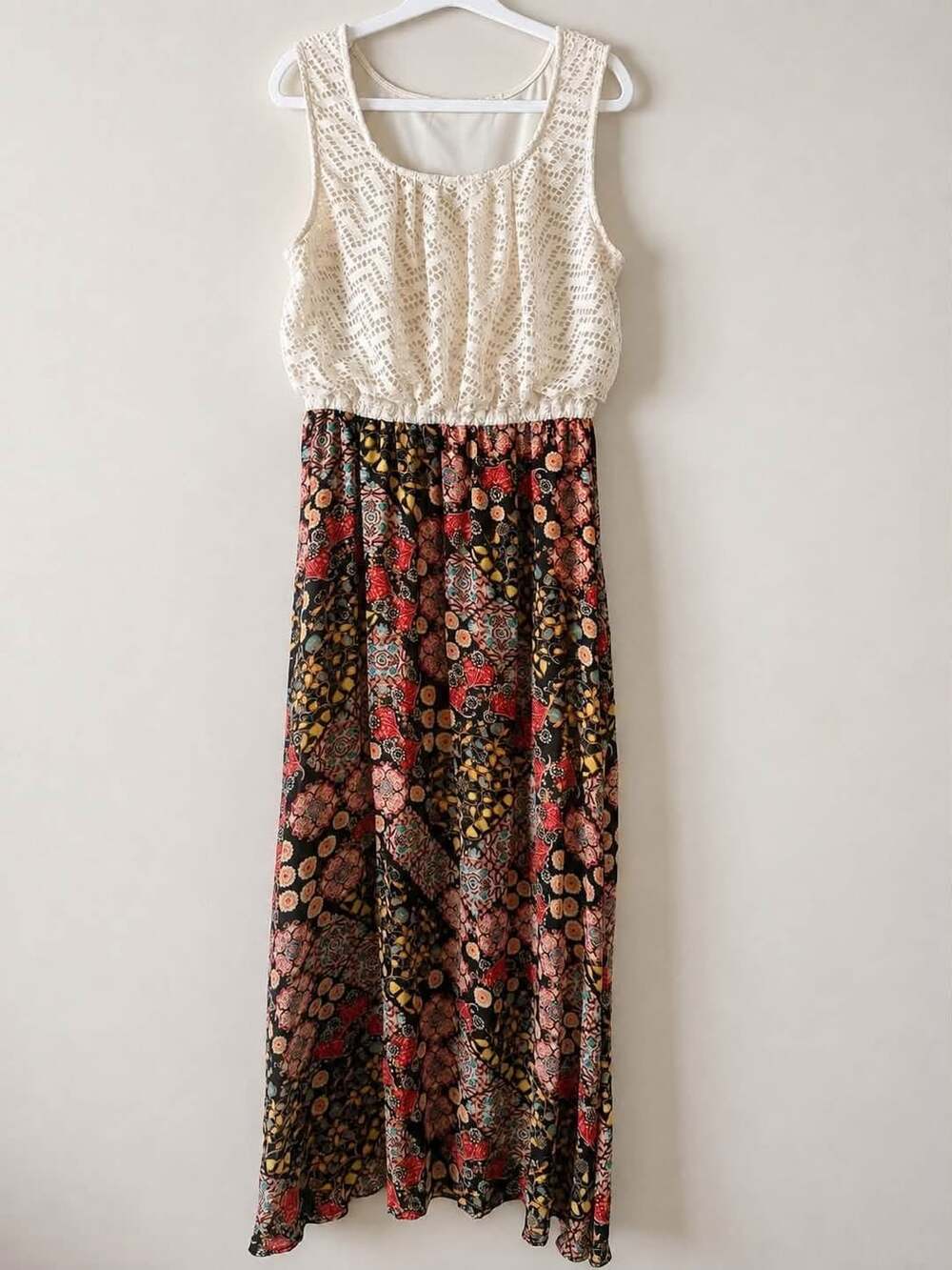 Liberty Love Women 1X Maxi Dress Cream Lace Bodice Black Floral Skirt Sleeveless